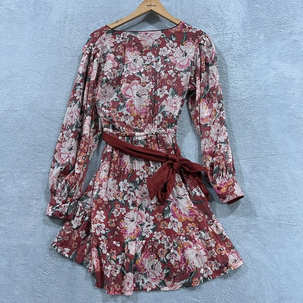 LC Lauren Conrad Womens Small Floral Sequin Belted Wrap‎ Mini Dress Fairy Boho - Picture 2 of 9